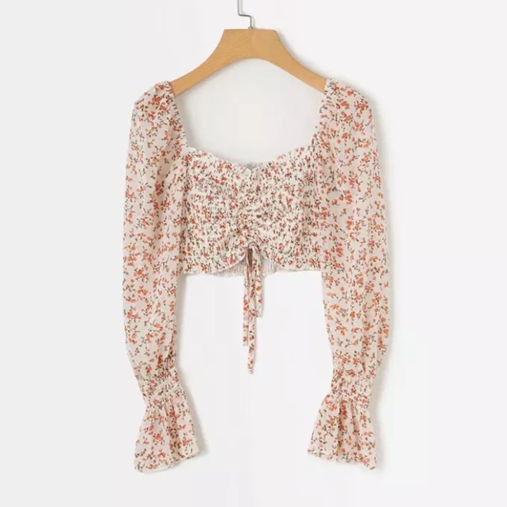 CLEARANCE Floral Smocked Chiffon Off Shoulder Crop Top - Picture 3 of 7